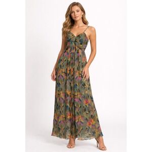 Sincerely Jules Pleated Floral Maxi Dress Green Multicolor Sleeveless V-Neck M